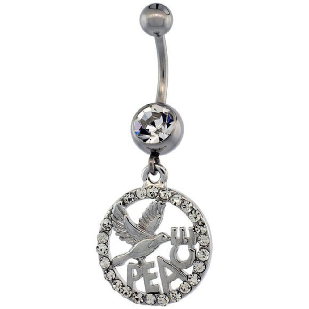 Surgical Steel Barbell PEACE Belly Button Ring w/ Crystals, 1 3/16 inch